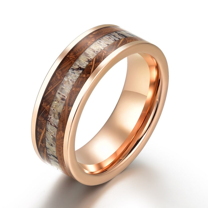 Rose Tungsten Whiskey Barrel Antler Men's Wedding Band 8MM