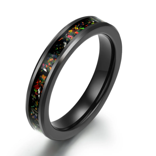 Black Tungsten Crushed Opal Couples Wedding Band Set