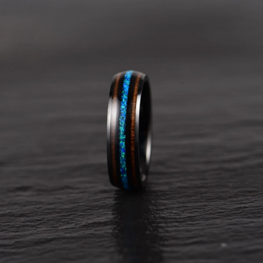 Black Tungsten Koa Wood Blue Opal Women's Wedding Band 4MM