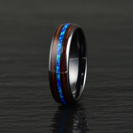 Black Ceramic Koa Wood Blue Opal Women's Wedding Band 4MM