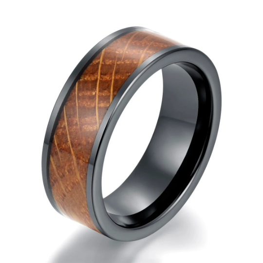 Black Ceramic Whiskey Barrel Wood Antique Finish Men's Wedding Band 8MM