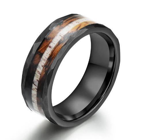 Black Hammered Tungsten Charred Whiskey Barrel Men's Wedding Band