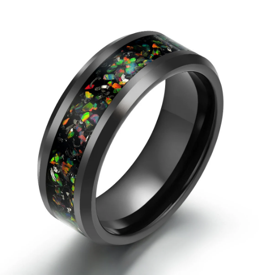 Black Tungsten Crushed Opal Couples Wedding Band Set - PRISTINE RINGS