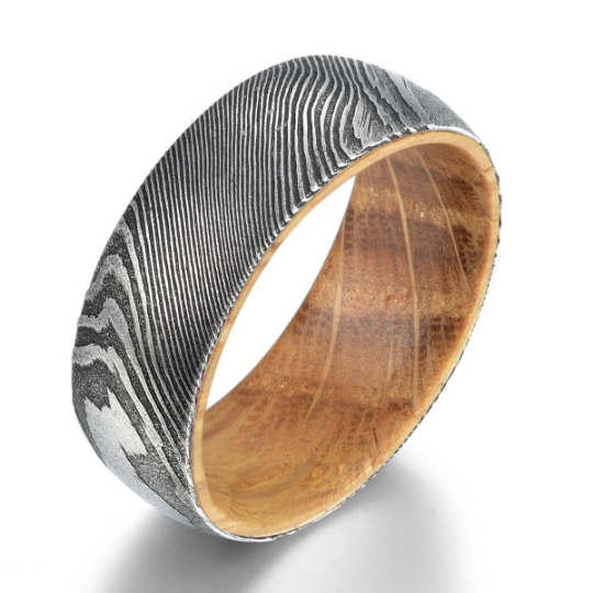 Damascus Bourbon Whiskey Barrel Men's Wedding Band 8MM