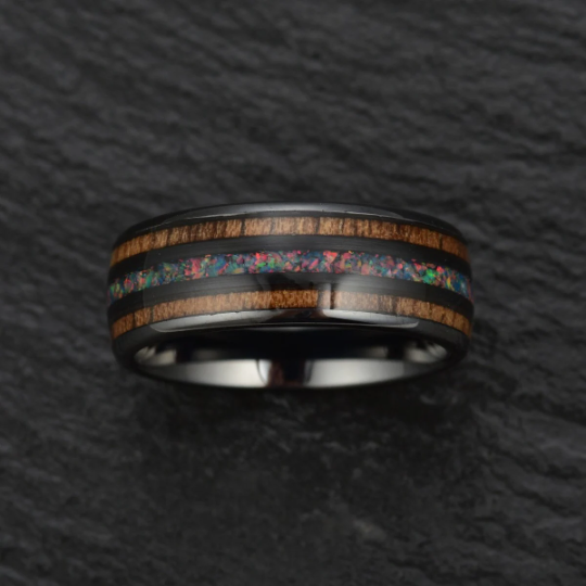 Opal Koa Wood Black Ceramic Men's Wedding Band 8MM - PRISTINE RINGS