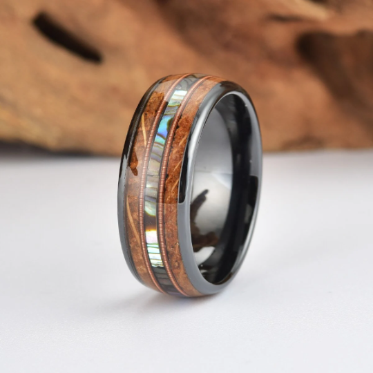 Tungsten Abalone Guitar String Whiskey Barrell Men's Wedding Band 8MM - PRISTINE RINGS