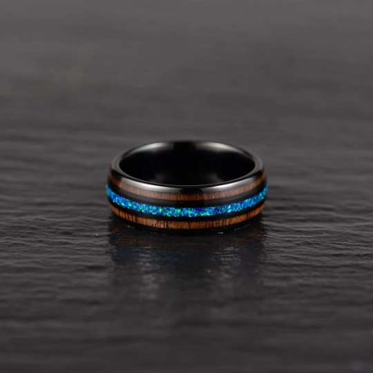 Black Tungsten Koa Wood Blue Opal Men's Wedding Band 8MM