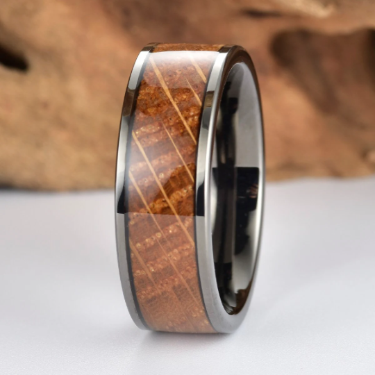 Black Ceramic Whiskey Barrel Wood Antique Finish Men's Wedding Band 8MM