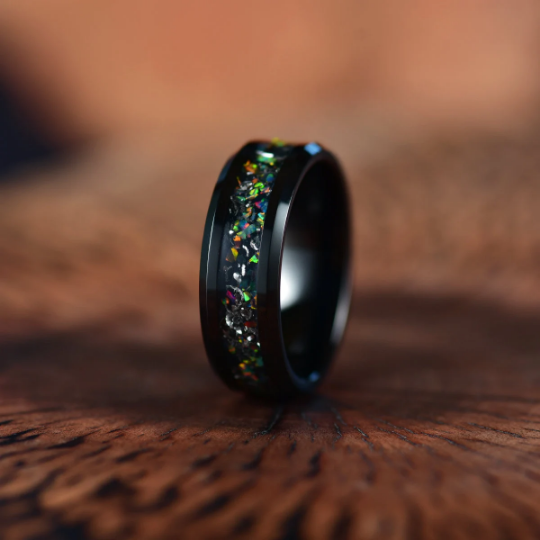 Black Tungsten Crushed Opal Couples Wedding Band Set