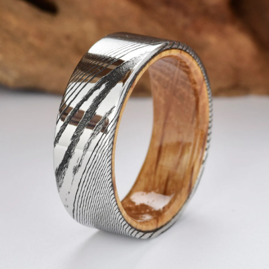 Damascus Whiskey Barrel Men's Wedding Band 8MM