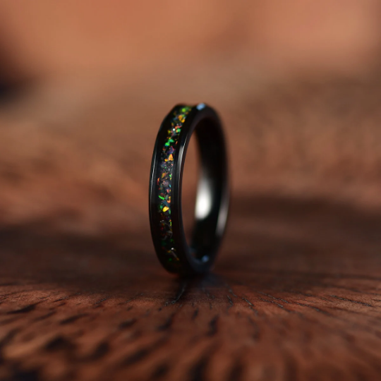 Black Tungsten Crushed Opal Couples Wedding Band Set