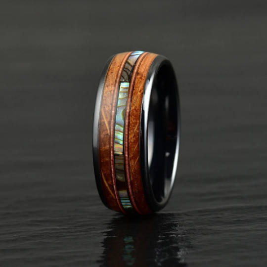 Tungsten Abalone Guitar String Whiskey Barrell Men's Wedding Band 8MM