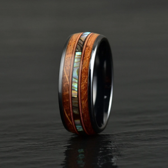 Tungsten Abalone Guitar String Whiskey Barrell Men's Wedding Band 8MM - PRISTINE RINGS