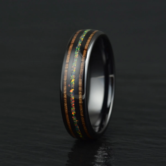 Yellow Opal Koa Wood Black Ceramic Couples Wedding Band Set