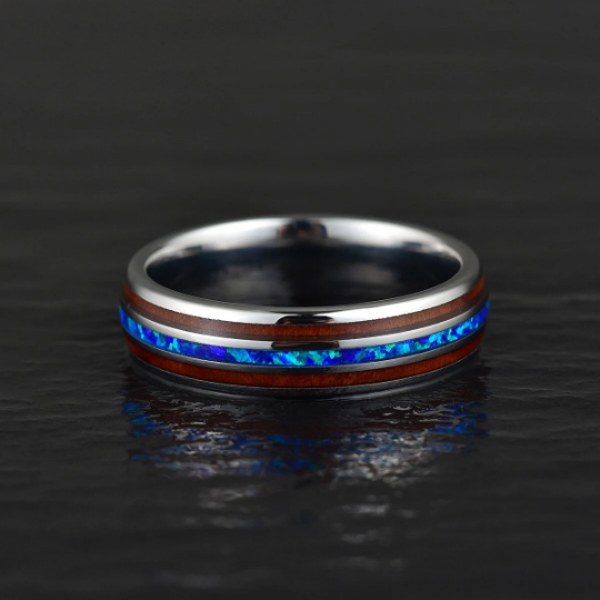 Grey Tungsten Koa Wood Blue Opal Women's Wedding Band 4MM