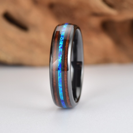 Black Ceramic Koa Wood Blue Opal Women's Wedding Band 4MM