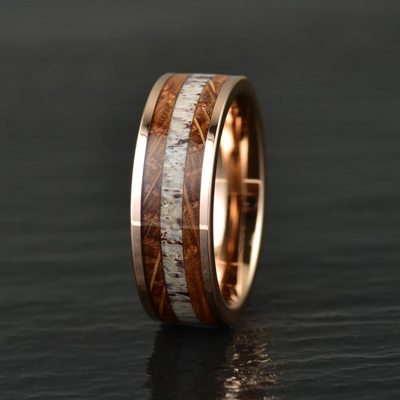 Rose Tungsten Whiskey Barrel Antler Men's Wedding Band 8MM