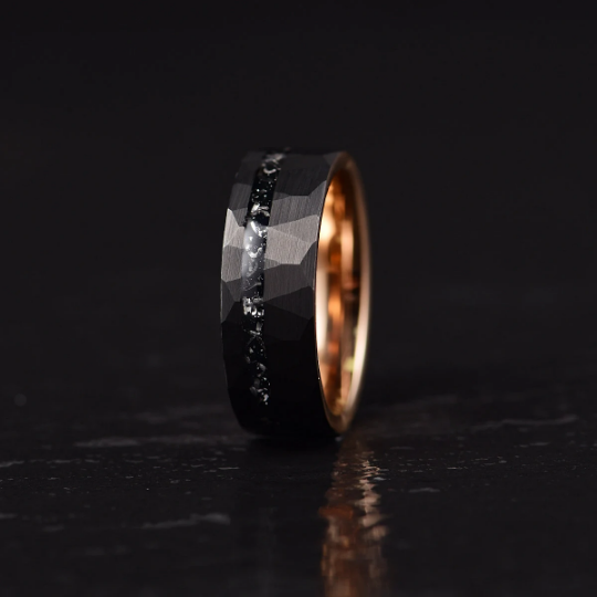 Rose Hammered Tungsten Crushed Meteorite Couples Wedding Band Set