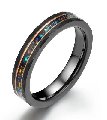 Black Hammered Tungsten Inlayed Crushed Opal Couples Wedding Band Set