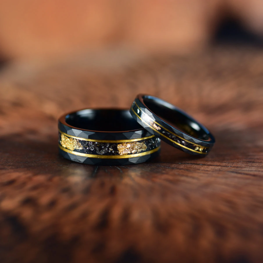 Gold Foil Tungsten and Meteorite Couples Wedding Band Set - PRISTINE RINGS