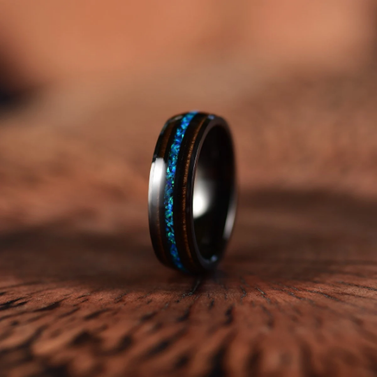 Black Tungsten Koa Wood Blue Opal Women's Wedding Band 4MM