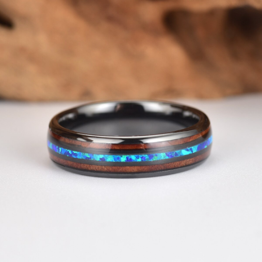 Black Ceramic Koa Wood Blue Opal Women's Wedding Band 4MM