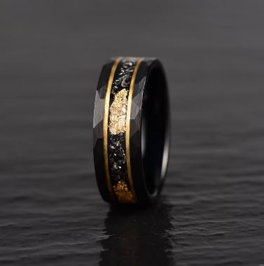 Gold Foil Tungsten and Meteorite Men's Wedding Band 8MM - PRISTINE RINGS