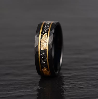 Gold Foil Tungsten and Meteorite Couples Wedding Band Set - PRISTINE RINGS