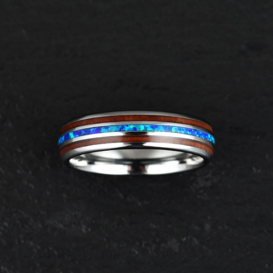 Grey Tungsten Koa Wood Blue Opal Women's Wedding Band 4MM