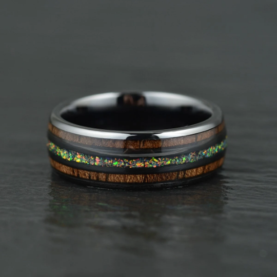 Yellow Opal Koa Wood Black Ceramic Couples Wedding Band Set