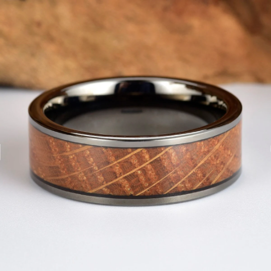 Black Ceramic Whiskey Barrel Wood Antique Finish Men's Wedding Band 8MM