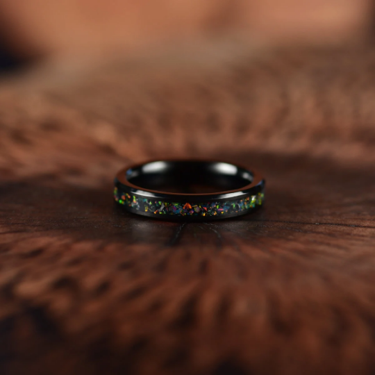 Black Tungsten Crushed Opal Couples Wedding Band Set