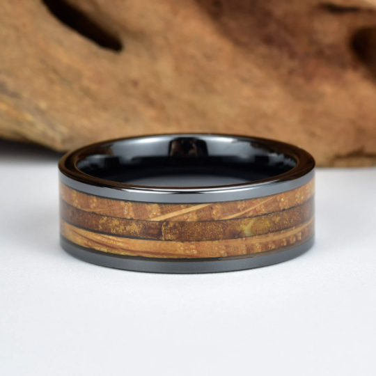 Black Ceramic Tobbaco Leaf Whiskey Barrel Wood Men's Wedding Band 8MM - PRISTINE RINGS