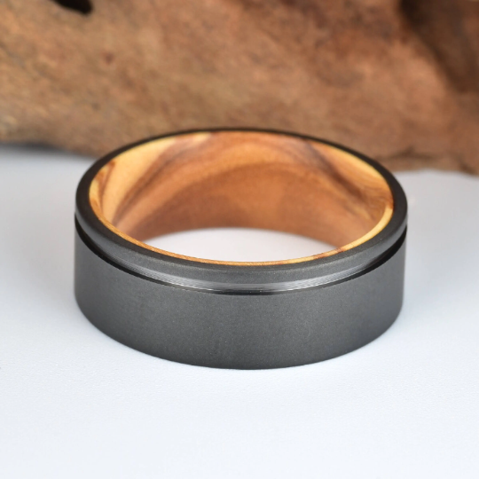 Olive Wood Black Titanium Wedding Band 8MM