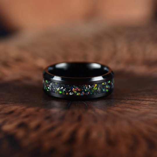 Black Tungsten Crushed Opal Men's Wedding Band 8MM - PRISTINE RINGS