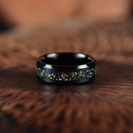 Black Tungsten Crushed Opal Couples Wedding Band Set