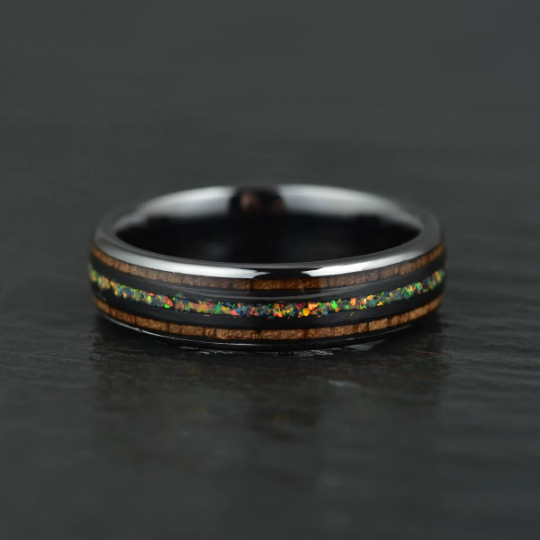 Yellow Opal Koa Wood Black Ceramic Couples Wedding Band Set