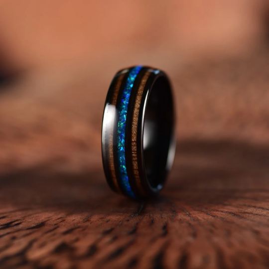 Black Tungsten Koa Wood Blue Opal Men's Wedding Band 8MM