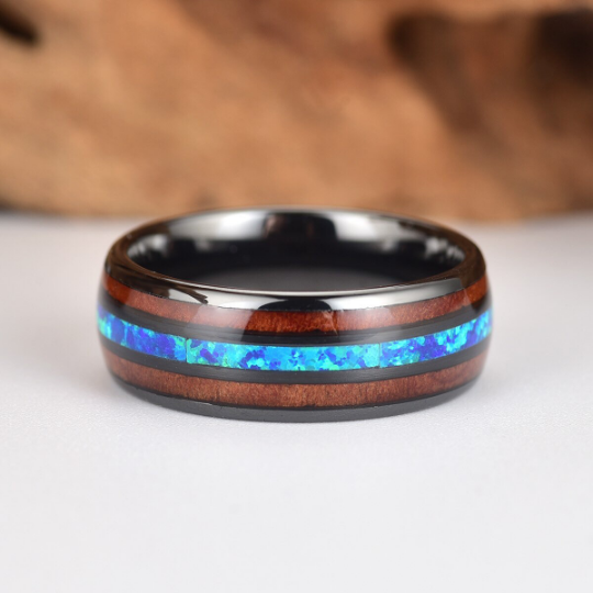 Black Ceramic Koa Wood Blue Opal Men's Wedding Band 8MM - PRISTINE RINGS