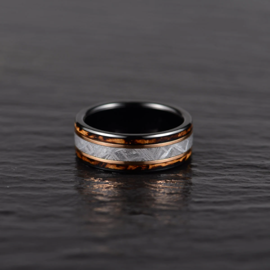 Black Tugsten Charred Whiskey Inlay Meteorite Men's Wedding Band - PRISTINE RINGS