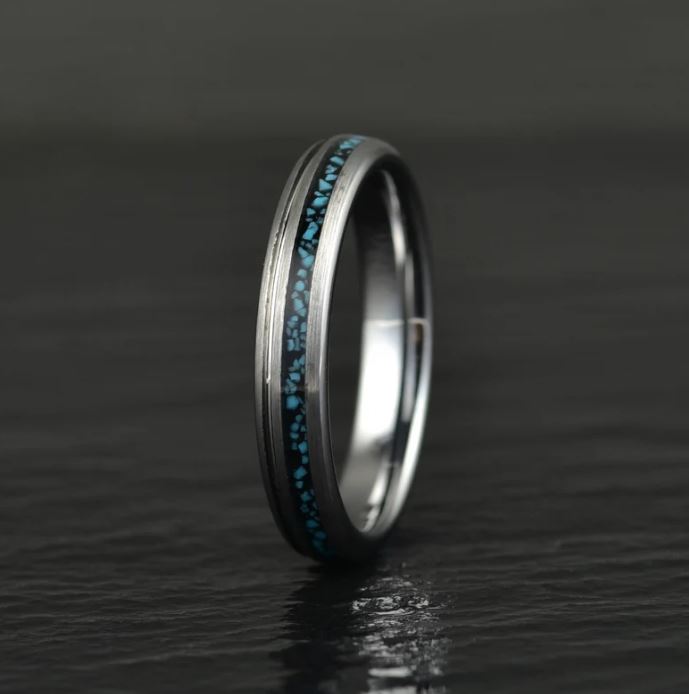 Crushed Turquoise Grey Tungsten Women's Wedding Band 4MM - PRISTINE RINGS