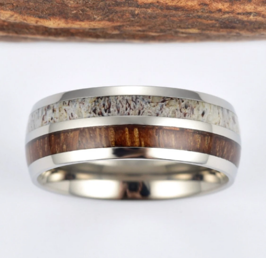 Antler Koa Wood Titanium Men's Wedding Band 8MM