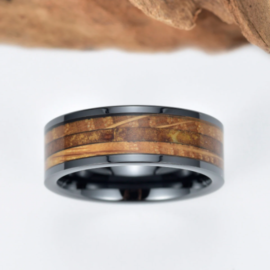 Black Ceramic Tobbaco Leaf Whiskey Barrel Wood Men's Wedding Band 8MM - PRISTINE RINGS