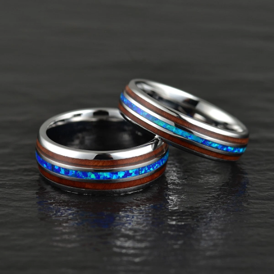 Grey Tungsten Koa Wood Blue Opal Men's Wedding Band 8MM - PRISTINE RINGS
