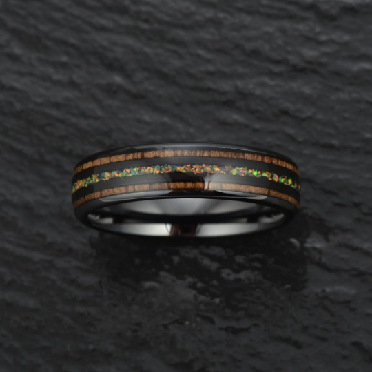 Yellow Opal Koa Wood Black Ceramic Couples Wedding Band Set