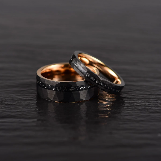 Rose Hammered Tungsten Crushed Meteorite Couples Wedding Band Set