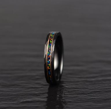 Black Hammered Tungsten Inlayed Crushed Opal Couples Wedding Band Set