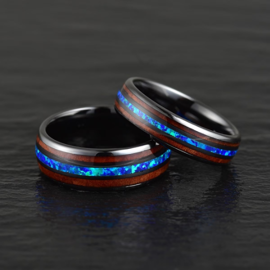 Black Ceramic Koa Wood Blue Opal Women's Wedding Band 4MM