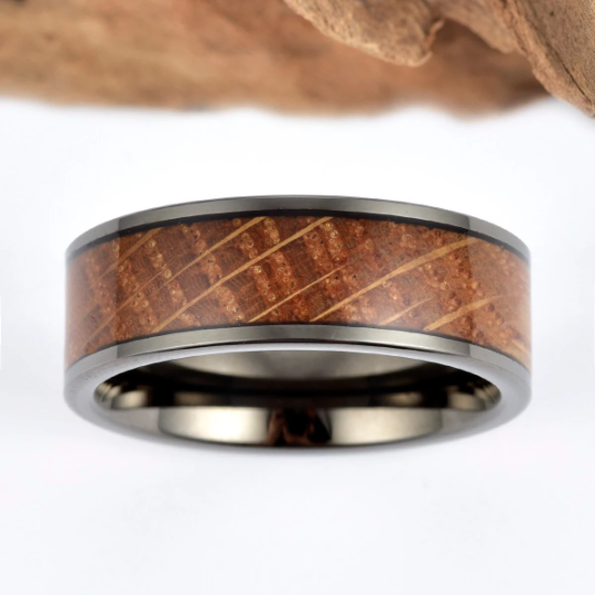 Black Ceramic Whiskey Barrel Wood Antique Finish Men's Wedding Band 8MM