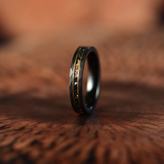 Gold Foil Tungsten and Meteorite Couples Wedding Band Set - PRISTINE RINGS